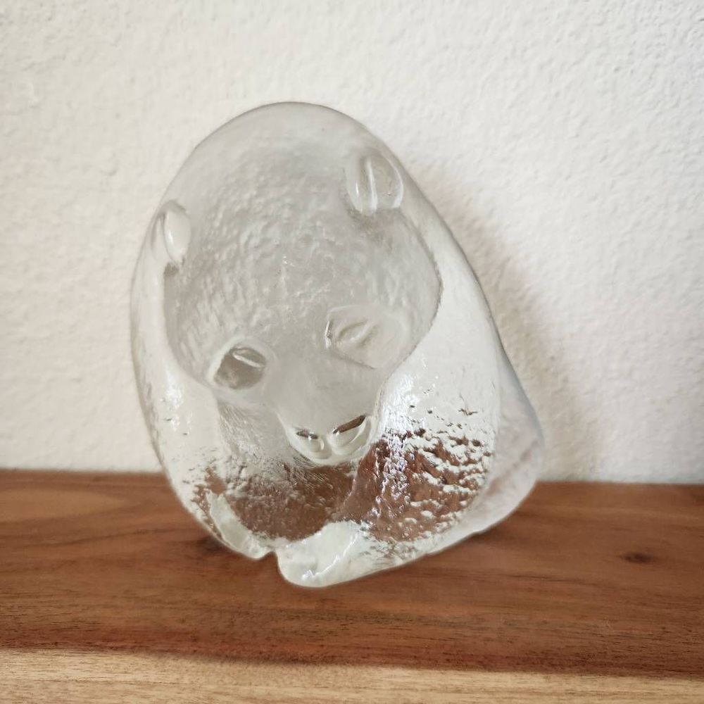 Vintage Viking panda bear clear glass sculpture bookend paperweight laser etched
